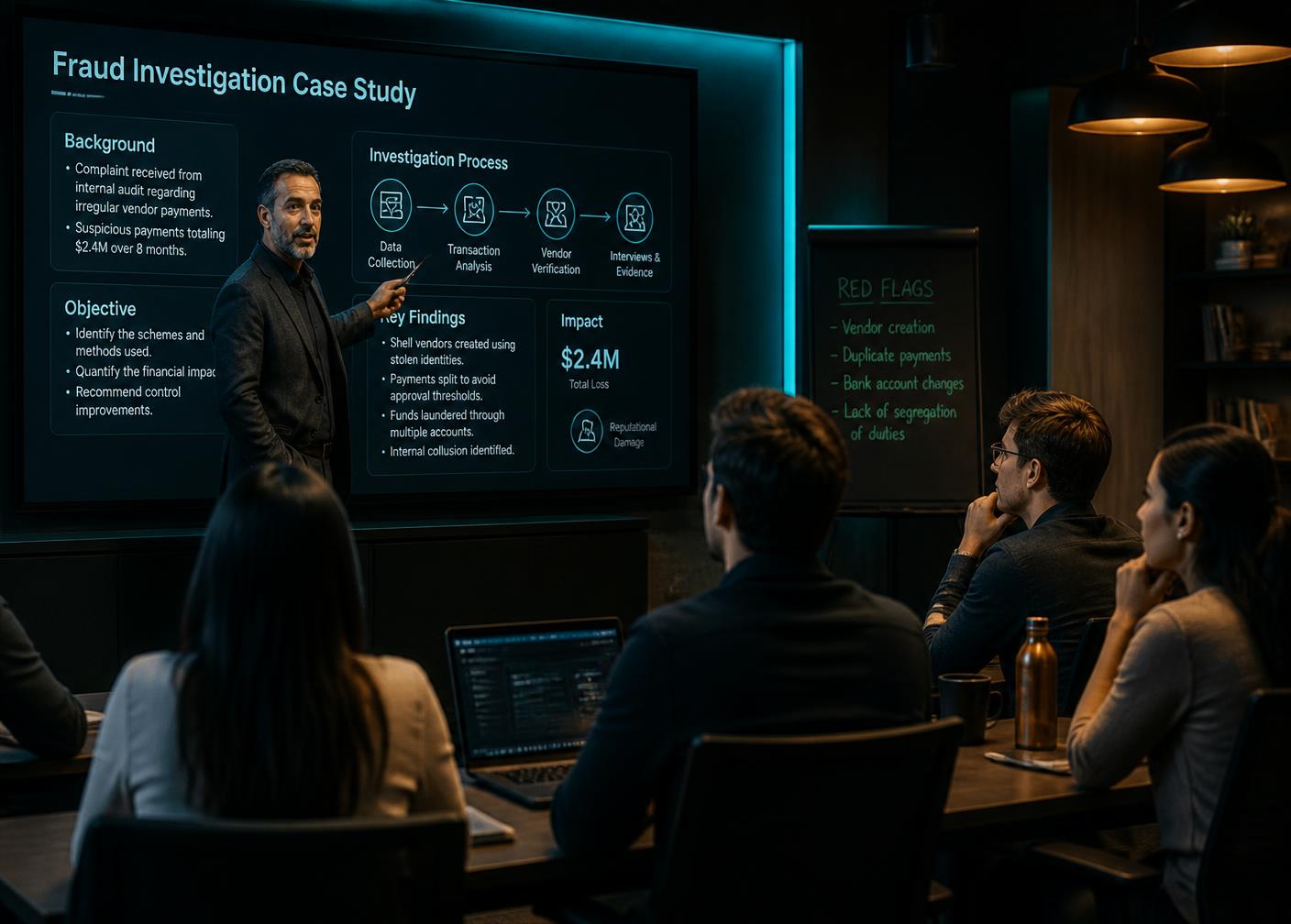 Instructor presenting a fraud investigation case study to students